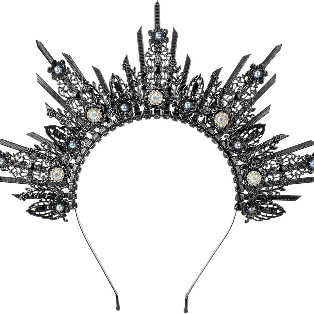 Sun Goddess Halo Crown Black Rhinestone Moon Headband Renaissance Halloween